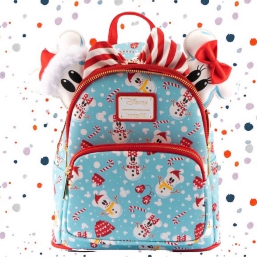 Loungefly Disney Mickey &‎ Minnie Snowman AOP Backpack and Ears